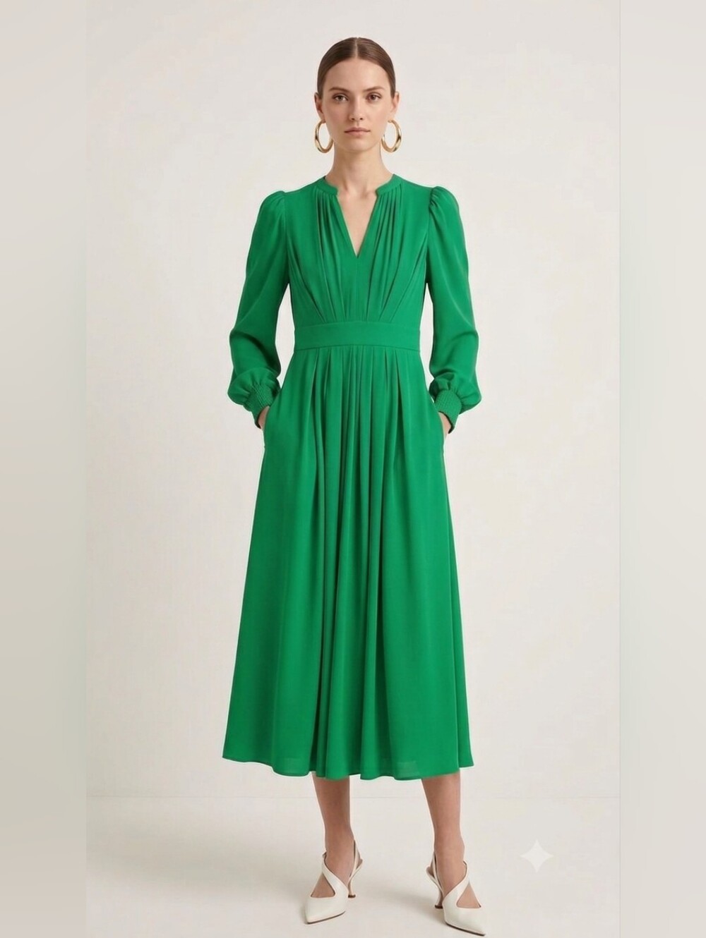 Boden Emerald Pleated Midi Dress 6 Blouson Sleeve Quiet Luxury Wedding Guest NWT
